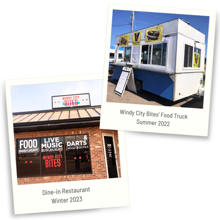 A photo of Windy City Bites' first food truck in Summer 2022 and their brick and mortar location which opened in February 2023.
